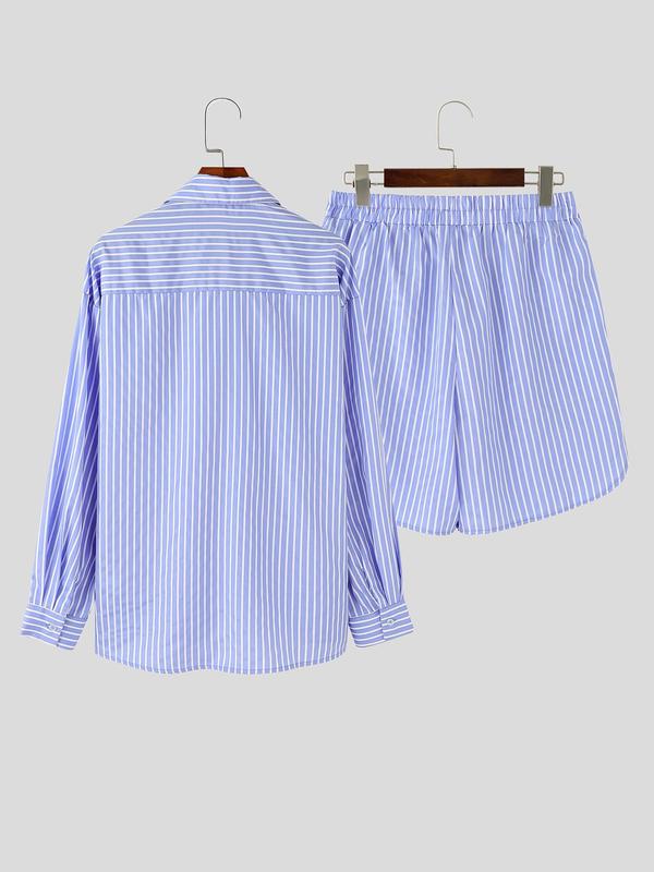 Men's Striped Print Button Front Shirt & Pocket Shorts Two-piece Set, Loose Casual Drop Shoulder Short Sleeve Top & Shorts, Men's Summer Outfits