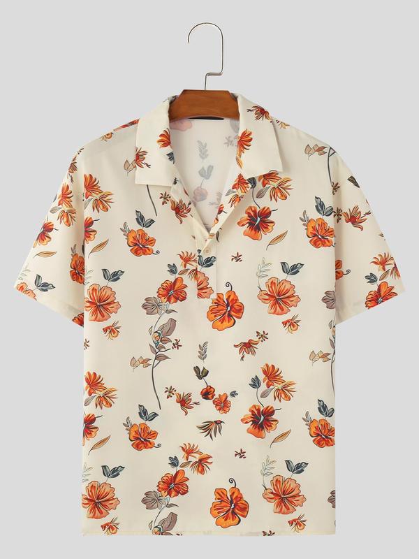 Men's Floral Print Button Front Polo Vintage Shirt, Loose Casual Short Sleeve Polo Collar Top for Summer, Fashion Men's Clothes for Beach Vacation Summer Shirt