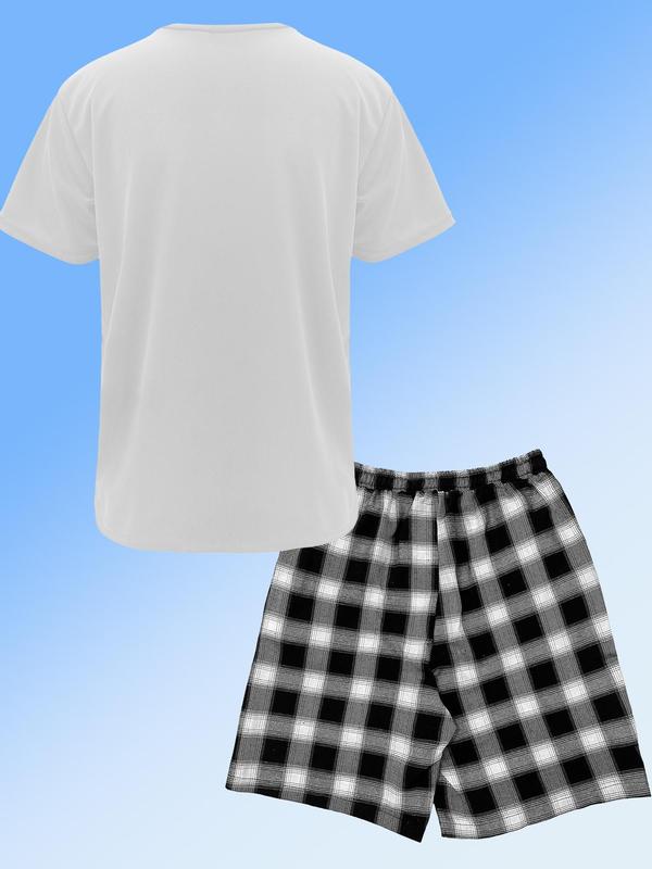 Men's Regular Fit Plain Round Neck Tee & Plaid Print Pocket Shorts Pyjama Set, Casual Comfy Short Sleeve T-shirt & Drawstring Waist Shorts Pj Set for Daily Wear, Sleepwear Set for Men