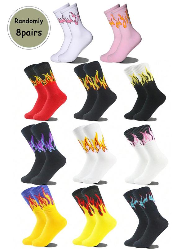 Men's 8 Pairs Colorblock Fire Print Crew Socks, Casual Comfy Breathable Socks for Daily Wear, Women's Socks for All Seasons