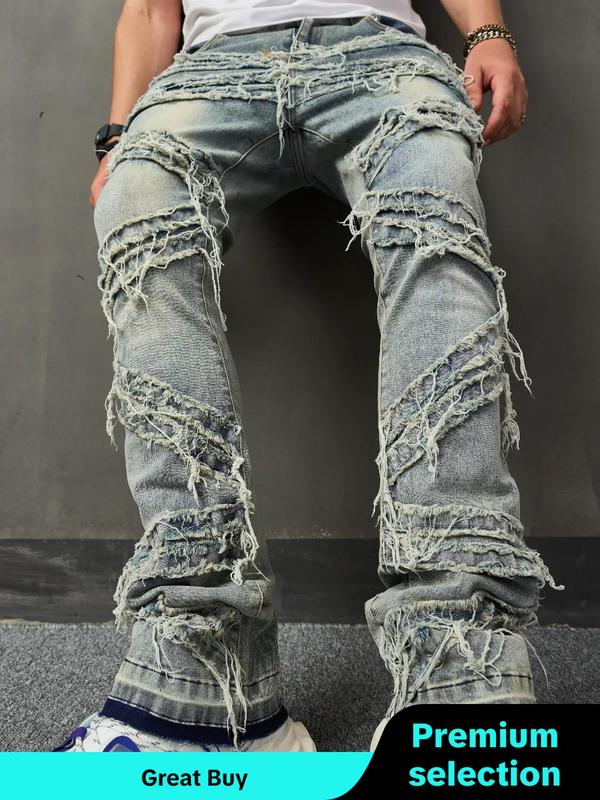 Men's Tassel Trim Straight Leg Jeans, Regular Fit Casual Comfy Solid Color Denim Trousers for Daily Wear, Streetwear Pants, Back To School Outfits, Fashion Men's Bottoms for Fall, Fall Outfits, Fallfreshness