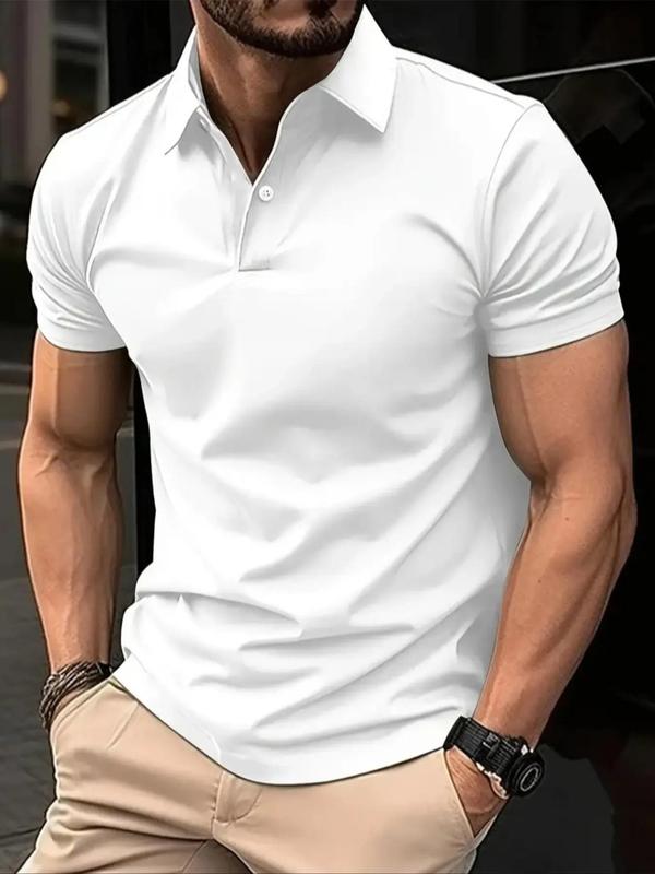 Men's Solid Short Sleeve Polo Shirt, Casual Regular Fit Button Front Collared Top for Summer, Fashion Men's Clothes for Daily Streetwear