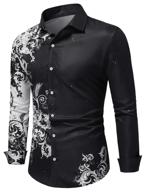 Men's Floral Print Button Front Shirt, Regular Fit Fashion Long Sleeve Collared Top, Men's Casual Clothes, Gift Ideas For Men, Menswear