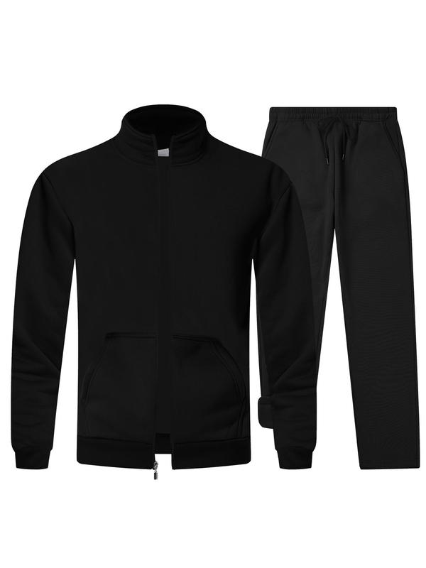 Men's Solid Zip Up Funnel Neck Jacket & Drawstring Waist Pants Two-piece Set, Regular Fit Casual Long Sleeve Zip Front Outerwear & Pocket Trousers for Fall & Winter, Men's Clothes for Daily Wear