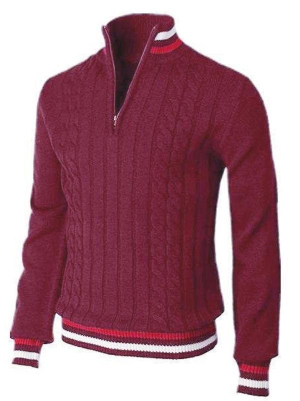 Men's Striped Trim Half Zip Sweater, Regular Fit Casual Long Sleeve Stand Collar Jumper for Fall & Winter, Men's Knitwear for Daily Wear