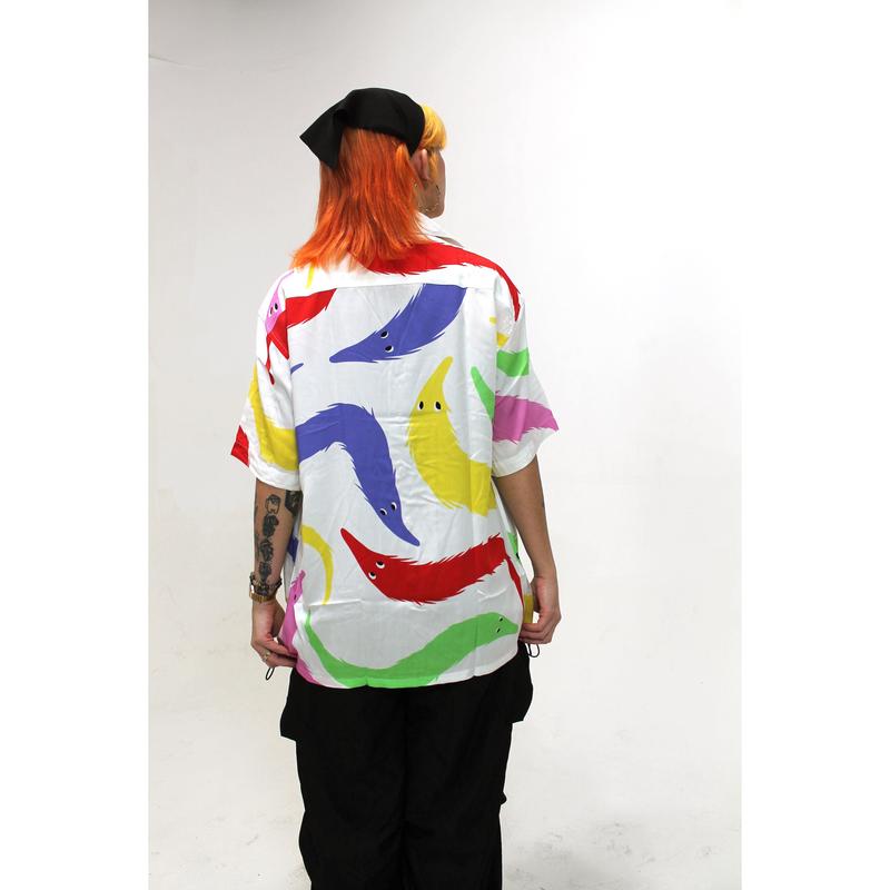 Steady Hands Worm on a String Short Sleeve Button Up White Red Green Yellow Blue Worms