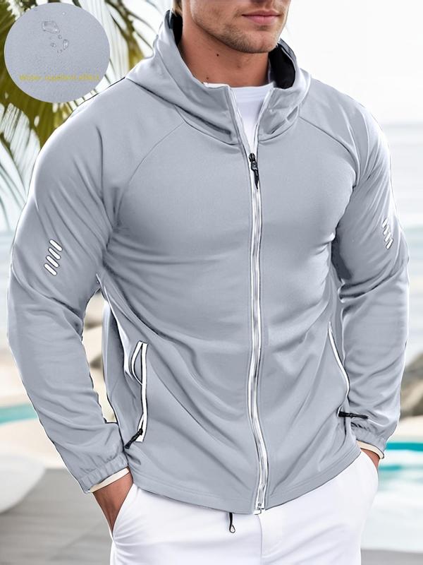 Men's Thermal Lined Reflective Zipper Hooded Jacket, Regular Fit Casual Raglan Sleeve Pocket Outerwear for Outdoor Activities, Men's Fall Clothing, Fashion Men's Clothes for All Seasons