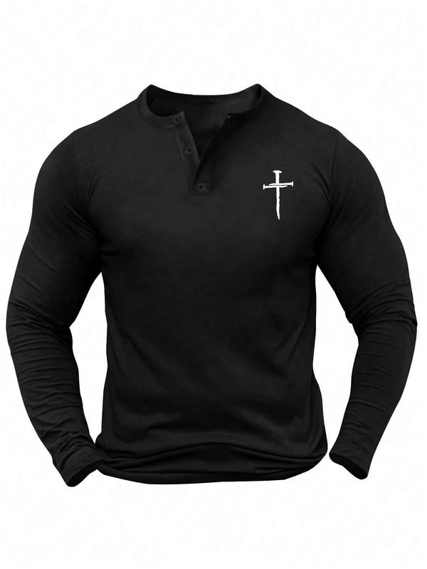 Men's Cross Print Button Front Tee, Regular Fit Casual Long Sleeve Round Neck T-shirt for Fall & Winter, Men's Top for Daily Wear