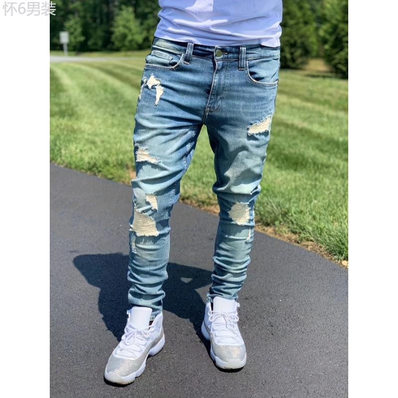 For All Seasons Slim Fit Vintage Style Denim Ripped Jeans Pants For Men Menswear Polyester