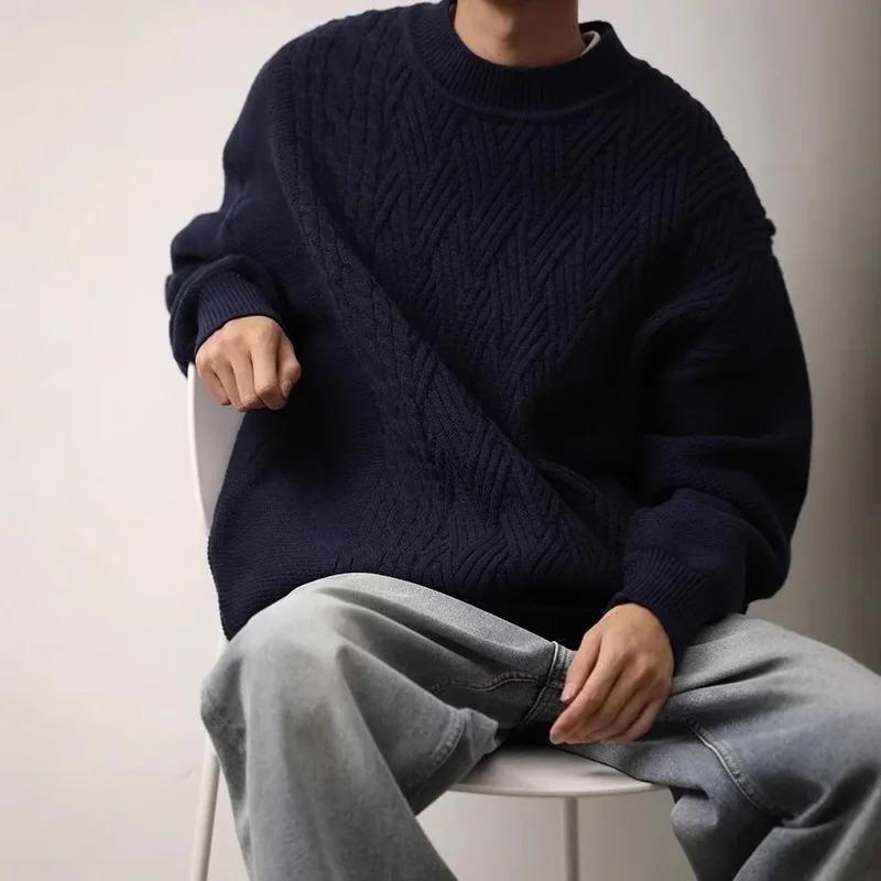 Autumn Winter Japanese Vintage Solid Color Sweater Men Women's Cable Knit Round Neck Warm Knitted Top Woolen Underwear Couple Ba