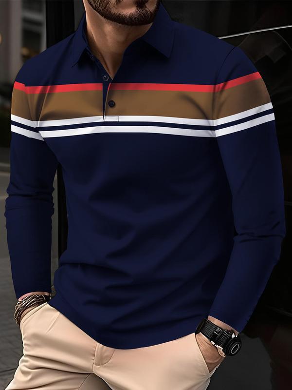 Men's Striped Print Button Front Polo Shirt, Regular Fit Casual Long Sleeve Collared Top for Fall & Winter, Men's Clothes for Daily Wear