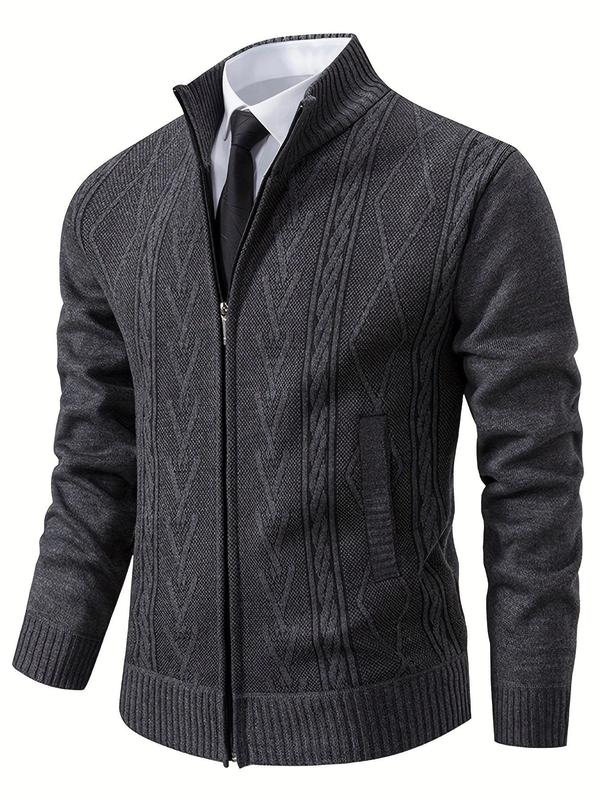 Men's Geometric Print Zipper Cable Knit Cardigan Sweater, Regular Fit Casual Long Sleeve Stand Collar Knitwear for Spring & Fall, Fashion Men's Knit Clothing for Daily Wear