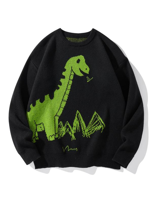 Men's Dinosaur Print Drop Shoulder Sweater, Regular Fit Casual Long Sleeve Round Neck Jumper for Fall & Winter, Fashion Men's Knitwear for Daily Wear