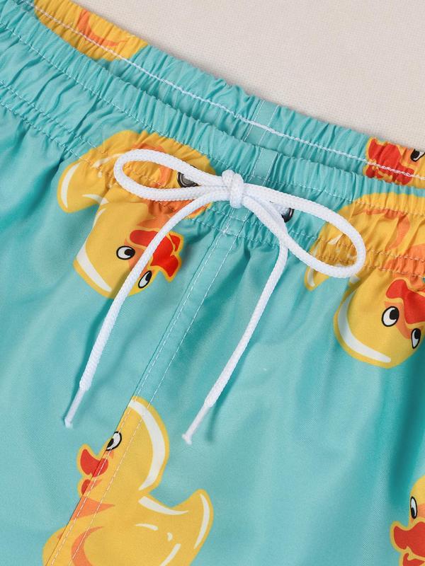 Men's Cartoon Duck Print Drawstring Shorts Set, Casual Elastic Waist Pocket Track Shorts for Summer, Back To School Outfits, Men's Bottoms for Outdoor Beach Holiday Vacation, Shorts for Men, Menswear