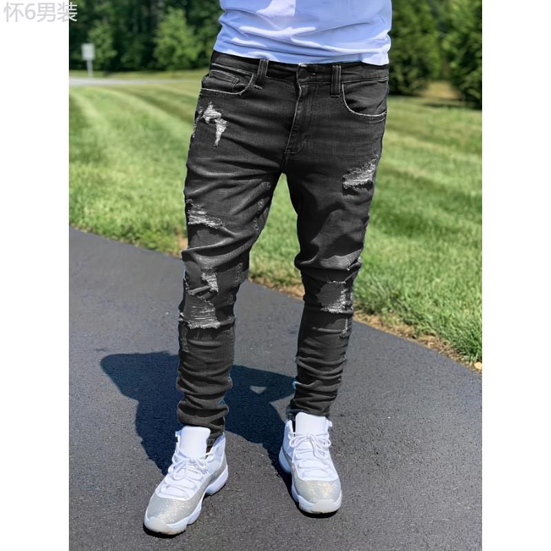 For All Seasons Slim Fit Vintage Style Denim Ripped Jeans Pants For Men Menswear Polyester