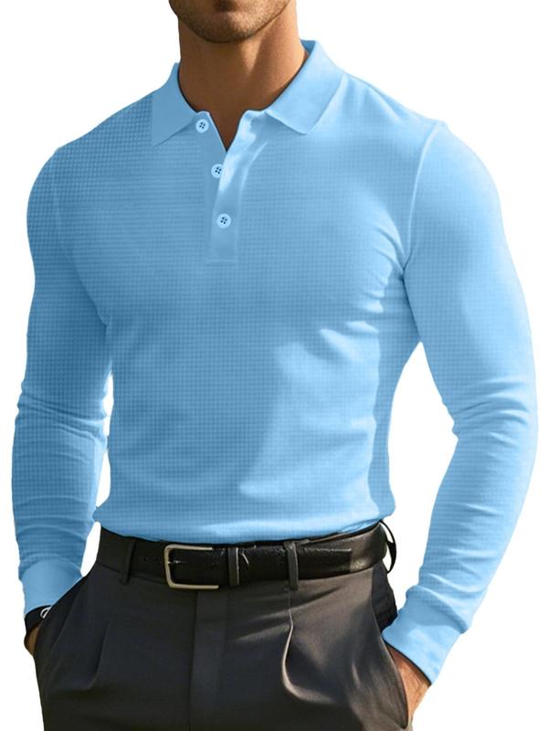 Men's Solid Long Sleeve Polo Shirt, 2024 New Style Regular Fit Casual Button Front Top for Spring & Fall, Fashion Men's Clothes for Daily Wear