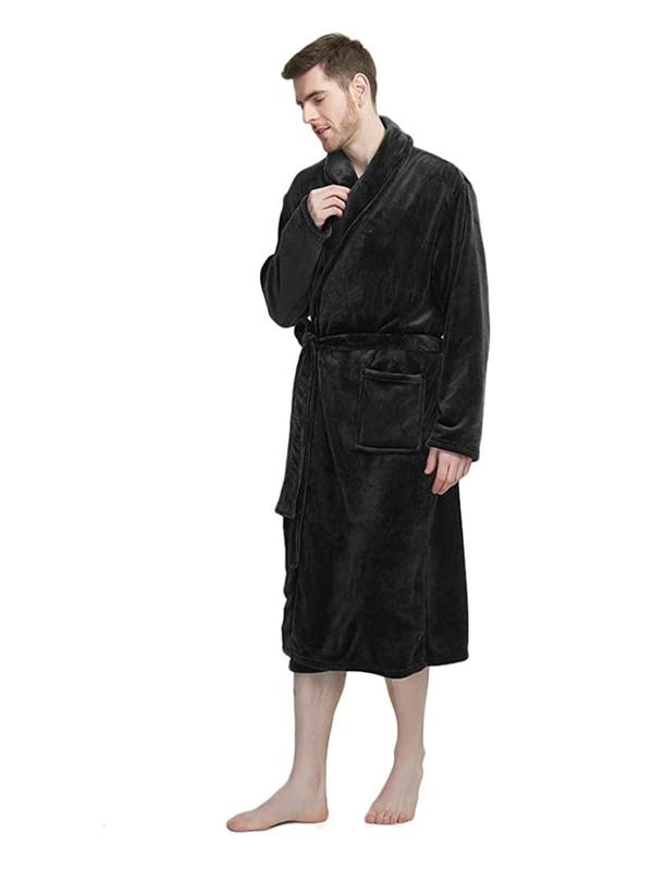 Men's Plain Long Sleeves Belted Pj Bathrobe Dressing Gown, Men Nightwear, Male Nightwear, Regular Fit Solid Tie Front Plush Fleece Robe for Home Spa, Cold Weather Gear, Cozy Comfort Men Homewear, Men Loungewear