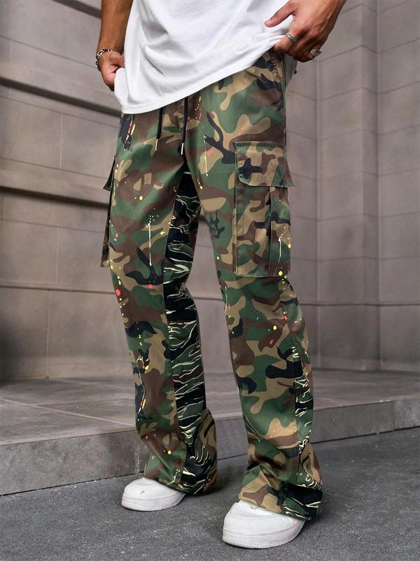 Unisex Men's All Over Print Pocket Flare Leg Cargo Pants, Loose Street Drawstring Waist Trousers, Pants for Men, Summer Bottoms for Daily Wear, Teacher Outfits 2024, Vintage Men Clothing