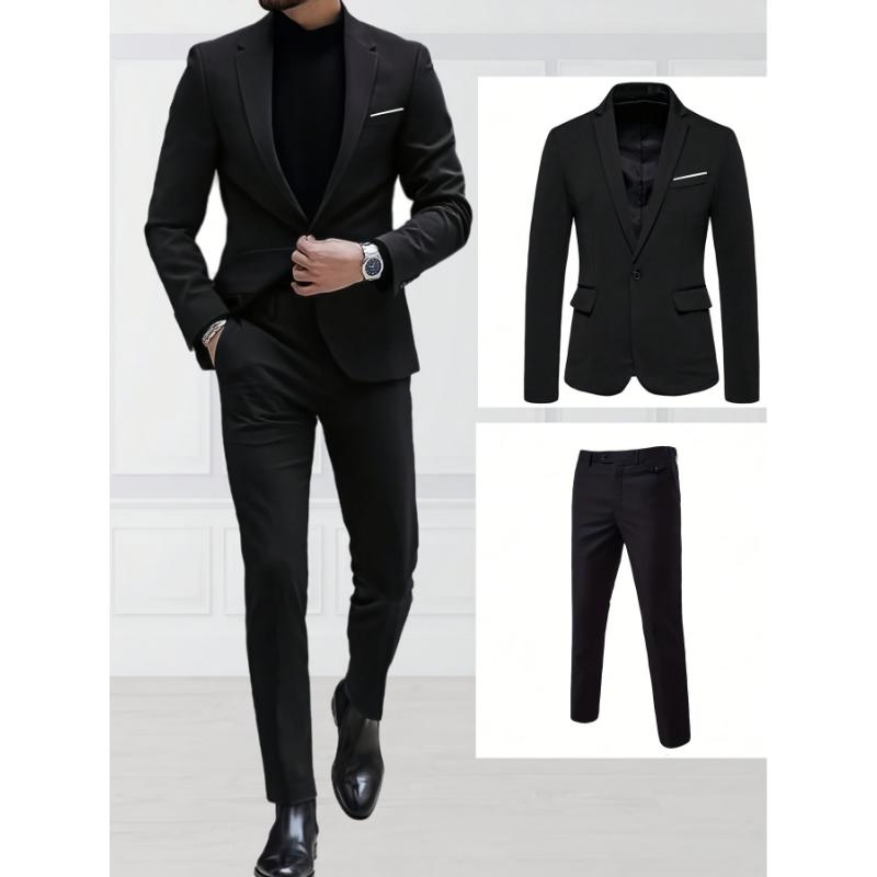 Long Sleeve Slim Fit Men's Business Casual Suit Set - Polyester Rayon Blend Blazer & Dress Pants, Perfect for Spring Fall