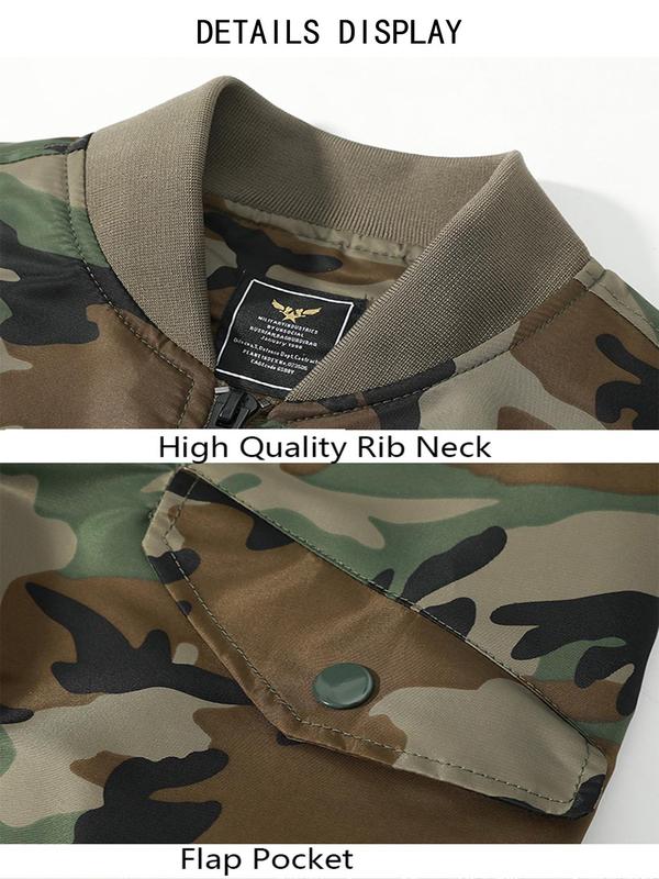 Men's Camo Print Zip Up Pocket Bomber Jacket, Regular Fit Casual Long Sleeve Stand Collar Outerwear for Fall & Winter, Men's Clothes for Daily Wear