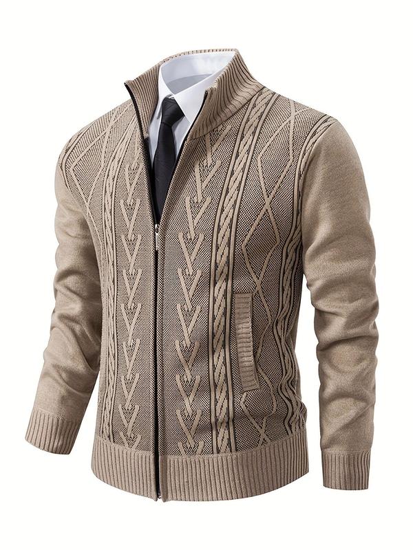 Men's Geometric Print Zipper Cable Knit Cardigan Sweater, Regular Fit Casual Long Sleeve Stand Collar Knitwear for Spring & Fall, Fashion Men's Knit Clothing for Daily Wear