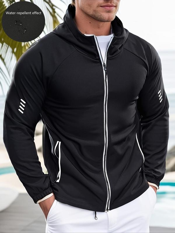 Men's Thermal Lined Reflective Zipper Hooded Jacket, Regular Fit Casual Raglan Sleeve Pocket Outerwear for Outdoor Activities, Men's Fall Clothing, Fashion Men's Clothes for All Seasons