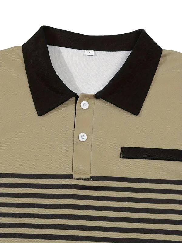 Men's Regular Fit Colorblock Striped Print Polo Shirt, Casual Short Sleeve Button Front Top for Summer, Fashion Men's Clothes for Daily Wear