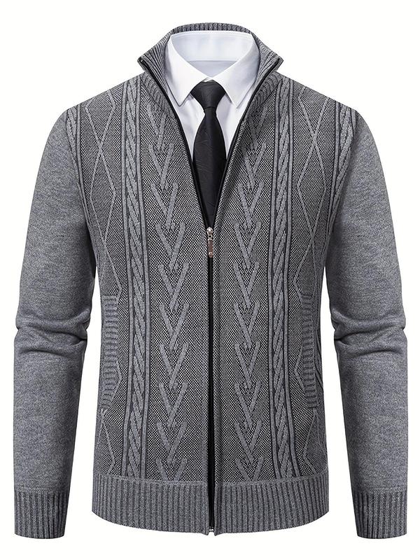 Men's Geometric Print Zipper Cable Knit Cardigan Sweater, Regular Fit Casual Long Sleeve Stand Collar Knitwear for Spring & Fall, Fashion Men's Knit Clothing for Daily Wear