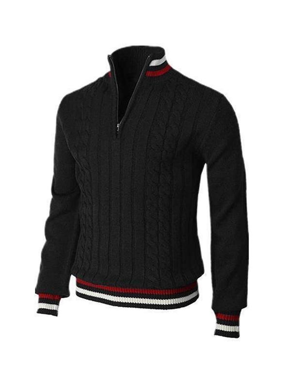 Men's Striped Trim Half Zip Sweater, Regular Fit Casual Long Sleeve Stand Collar Jumper for Fall & Winter, Men's Knitwear for Daily Wear