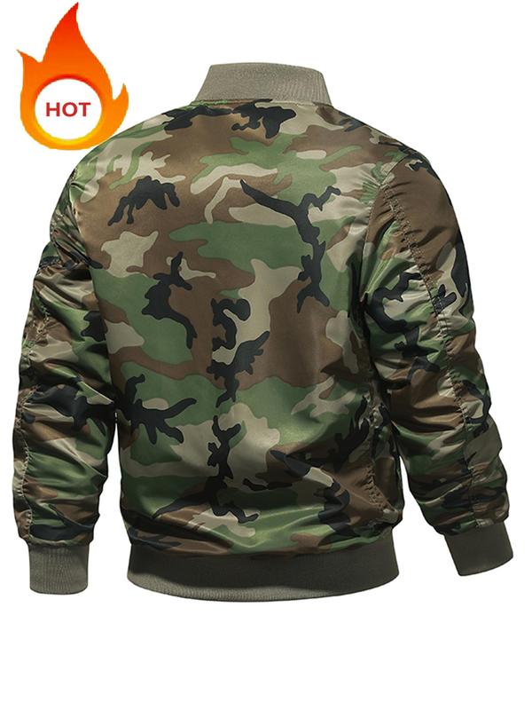 Men's Camo Print Zip Up Pocket Bomber Jacket, Regular Fit Casual Long Sleeve Stand Collar Outerwear for Fall & Winter, Men's Clothes for Daily Wear