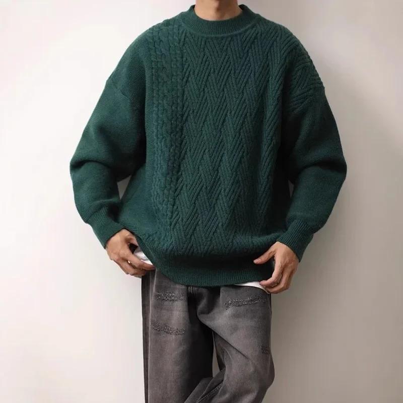 Autumn Winter Japanese Vintage Solid Color Sweater Men Women's Cable Knit Round Neck Warm Knitted Top Woolen Underwear Couple Ba