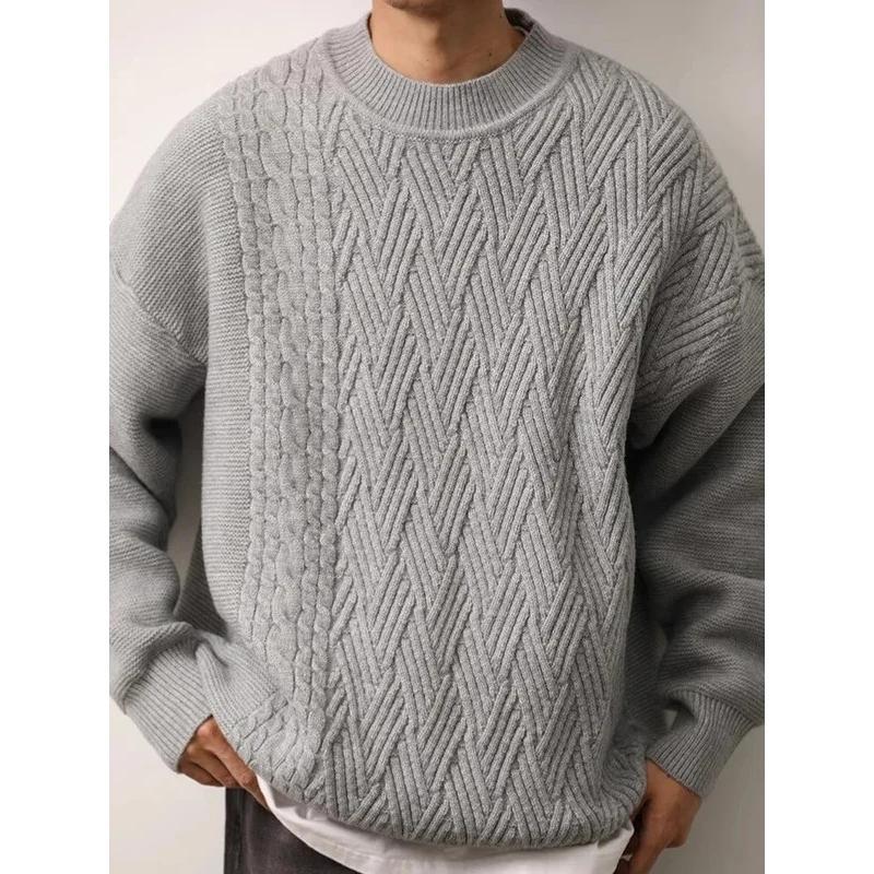 Autumn Winter Japanese Vintage Solid Color Sweater Men Women's Cable Knit Round Neck Warm Knitted Top Woolen Underwear Couple Ba