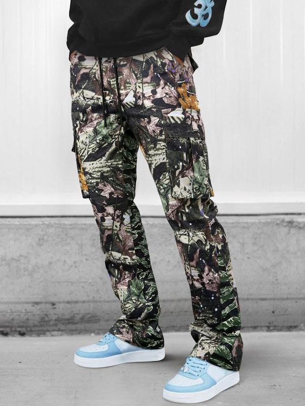 Unisex Men's All Over Print Pocket Flare Leg Cargo Pants, Loose Street Drawstring Waist Trousers, Pants for Men, Summer Bottoms for Daily Wear, Teacher Outfits 2024, Vintage Men Clothing