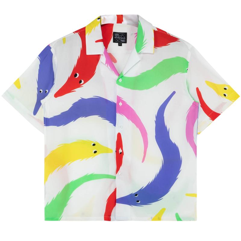 Steady Hands Worm on a String Short Sleeve Button Up White Red Green Yellow Blue Worms