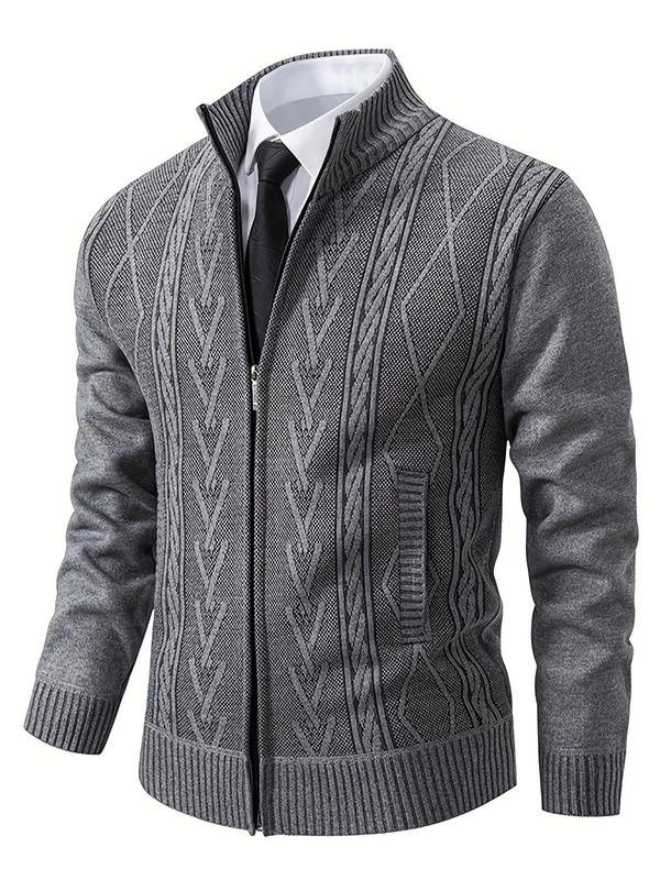 Men's Geometric Print Zipper Cable Knit Cardigan Sweater, Regular Fit Casual Long Sleeve Stand Collar Knitwear for Spring & Fall, Fashion Men's Knit Clothing for Daily Wear