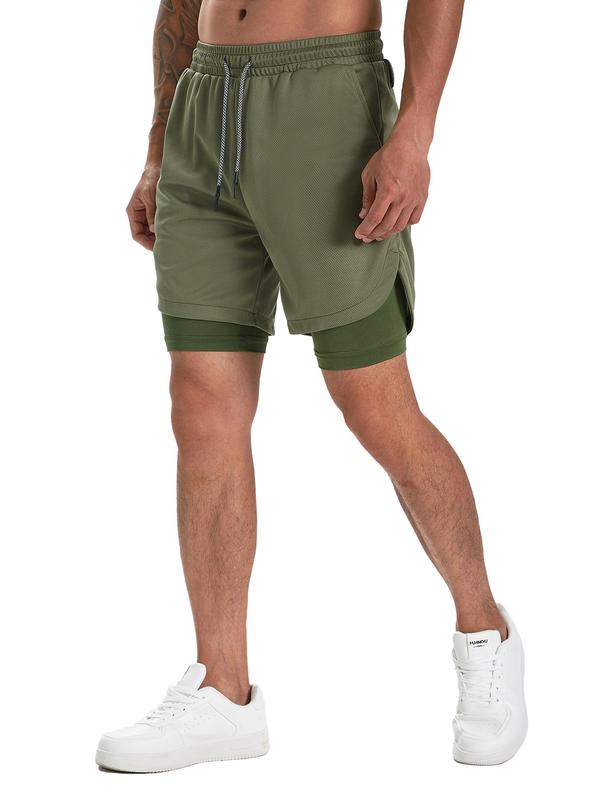 Men's 2 in 1 Drawstring Waist Shorts, Regular Fit Casual Pocket Shorts for Summer, Men's Bottoms for Daily Wear