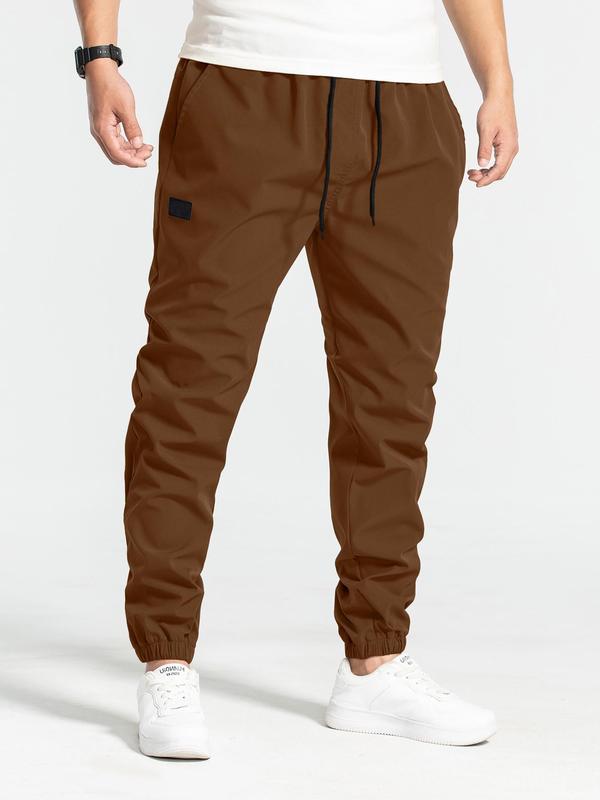 Men's Solid Patched Drawstring Waist Cargo Pants, Regular Fit Casual Pocket Trousers for Daily Wear, Men's Bottoms for All Seasons