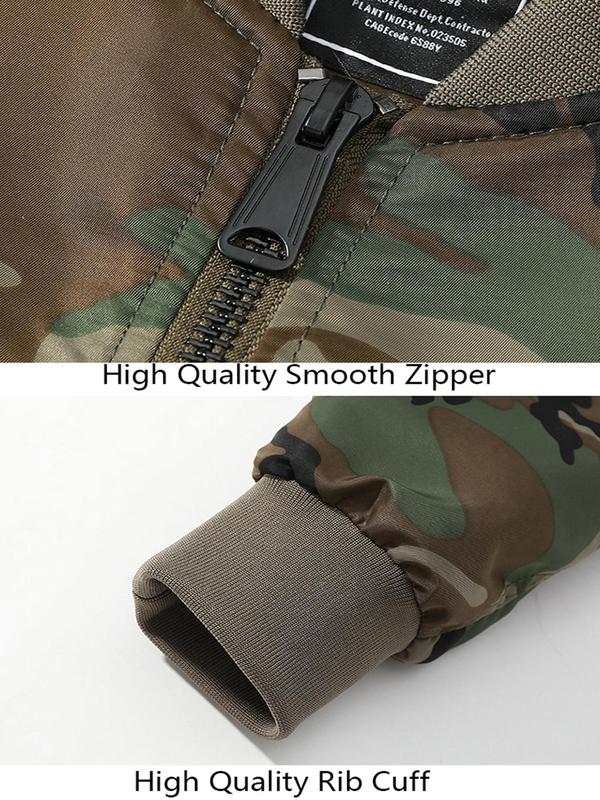 Men's Camo Print Zip Up Pocket Bomber Jacket, Regular Fit Casual Long Sleeve Stand Collar Outerwear for Fall & Winter, Men's Clothes for Daily Wear