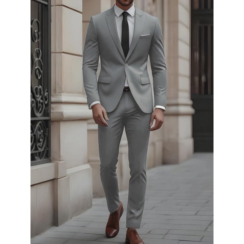 Long Sleeve Slim Fit Men's Business Casual Suit Set - Polyester Rayon Blend Blazer & Dress Pants, Perfect for Spring Fall