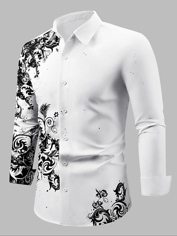 Men's Floral Print Button Front Shirt, Regular Fit Fashion Long Sleeve Collared Top, Men's Casual Clothes, Gift Ideas For Men, Menswear