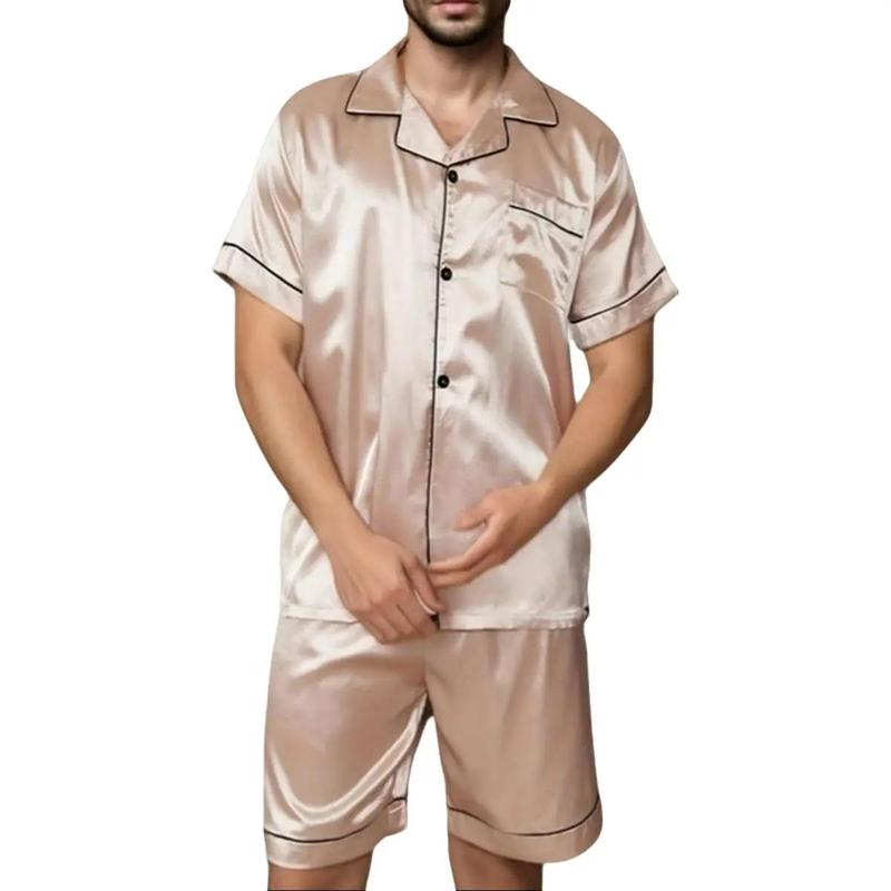 Men's Short Sleeve Soft Satin 2 Piece Pajamas Sleepwear Button Down Pjs Set Classic Loungewear