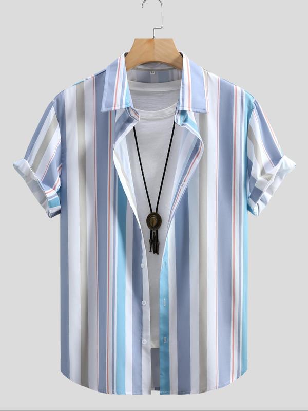 Men's All Over Striped Print Button Front Graphic Shirt, Casual Regular Fit Short Sleeve Top For Summer, Fashion Men's Streetwear Clothes For Beach Vacation