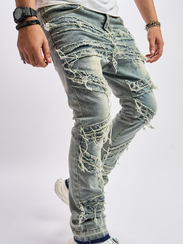 Men's Tassel Trim Straight Leg Jeans, Regular Fit Casual Comfy Solid Color Denim Trousers for Daily Wear, Streetwear Pants, Back To School Outfits, Fashion Men's Bottoms for Fall, Fall Outfits, Fallfreshness