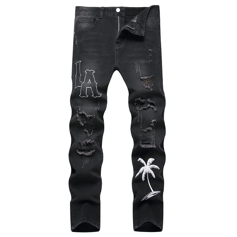 Men Letter & Palm Tree Print Embroidery Ripped Frayed Skinny Jeans Cotton Casual Menswear Stylish X517 Denim Elegant Vintage Streetwear