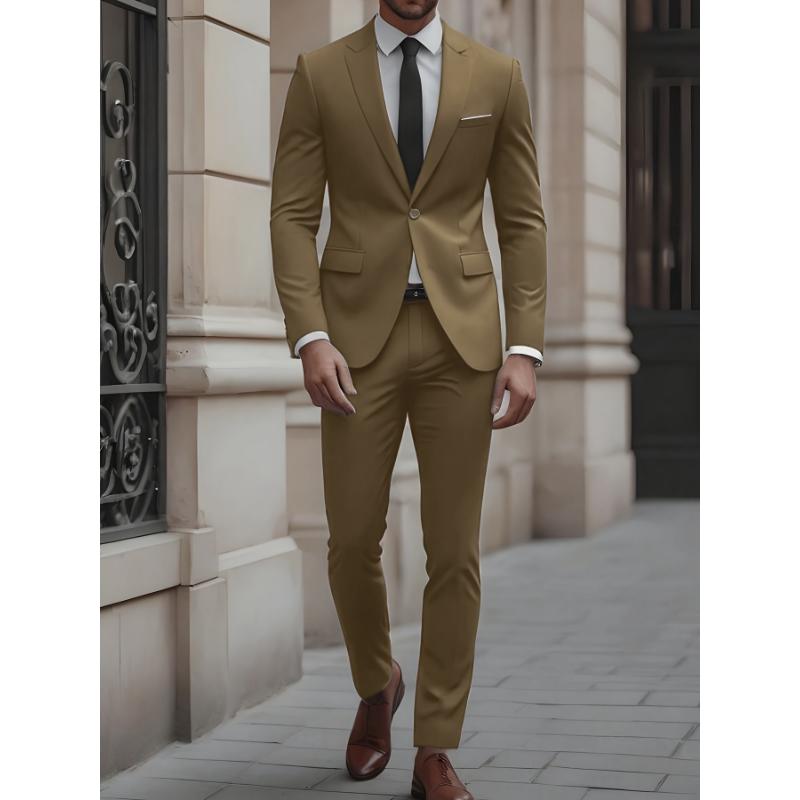 Long Sleeve Slim Fit Men's Business Casual Suit Set - Polyester Rayon Blend Blazer & Dress Pants, Perfect for Spring Fall