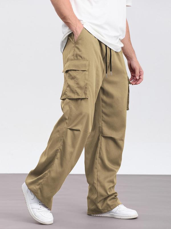 Men's Solid Drawstring Waist Cargo Pants, Loose Casual Pocket Trousers for Daily Wear, Fashion Men's Bottoms for All Seasons, 2000s Pants, Cargo Pants Men