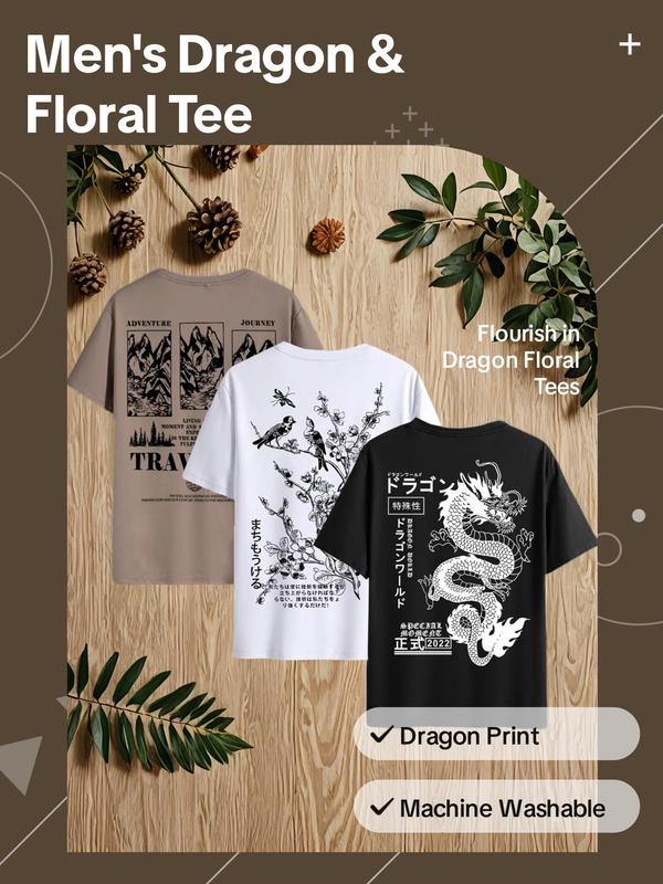 Men's Dragon & Floral Print Round Neck Tee, Back-to-School Clothing, Casual Soft Comfy Short Sleeve T-shirt for Summer, Menswear for Daily Wear