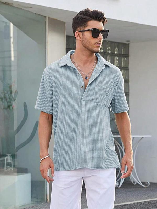 Men's Stylish Regular Fit Pocket Button Front Waffle Knit Polo Shirt, Casual Simple Breathable Soft Short Sleeve Top for Summer, Polo Clothes, Streetwear Menswear for Daily Wear