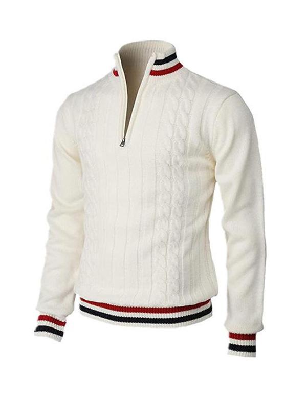 Men's Striped Trim Half Zip Sweater, Regular Fit Casual Long Sleeve Stand Collar Jumper for Fall & Winter, Men's Knitwear for Daily Wear