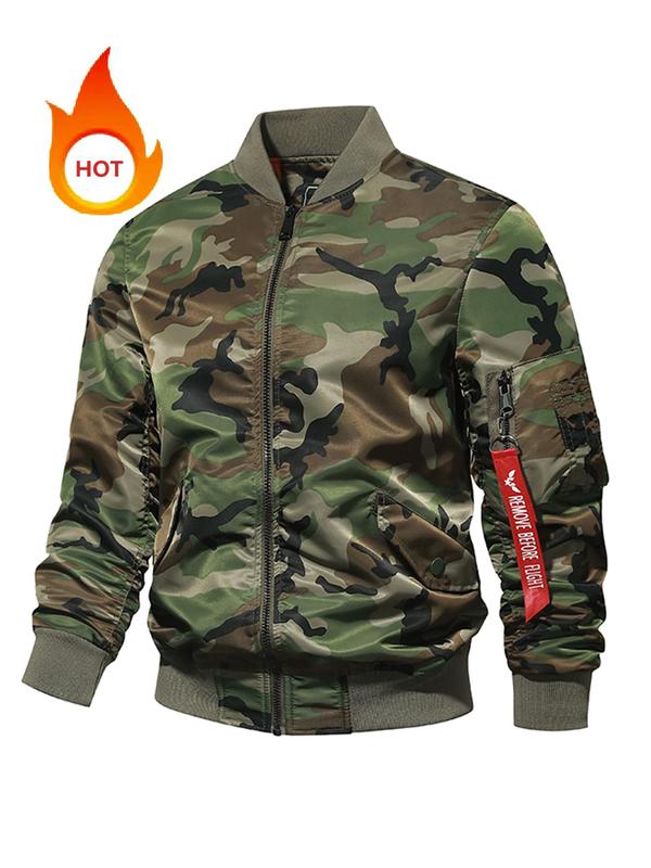 Men's Camo Print Zip Up Pocket Bomber Jacket, Regular Fit Casual Long Sleeve Stand Collar Outerwear for Fall & Winter, Men's Clothes for Daily Wear